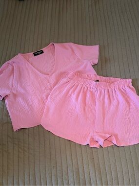 Ellison Pink Crinkled V-Neck Lounge Set - Short Sleeve Top & Elastic Shorts